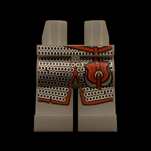 Castle Clad Bricks, custom pad printed Dark Bluish Grey legs, Wolfpack bandit theme, long chainmail skirt with Dark Red trims and kidney pouch.