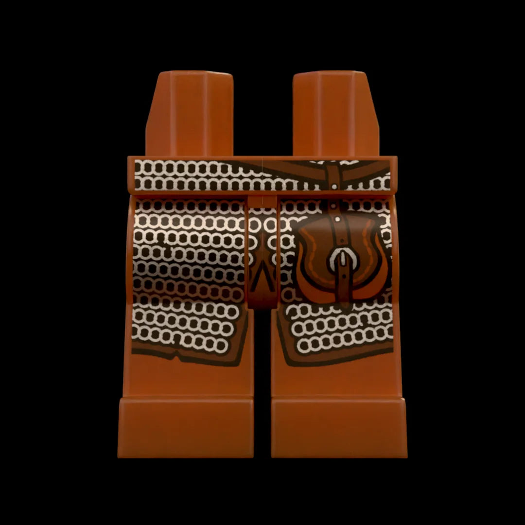 Castle Clad Bricks, custom pad printed Reddish Brown legs, Wolfpack bandit theme, long chainmail skirt with Dark Brown trims and kidney pouch