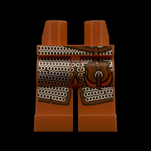 Castle Clad Bricks, custom pad printed Reddish Brown legs, Wolfpack bandit theme, long chainmail skirt with Dark Brown trims and kidney pouch