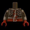 Castle Clad Bricks, custom pad printed Black torso, Wolfpack bandit theme, wolf pelt collar on studded brigandine west and shoulders on chainmail shirt, Dark Bluish Grey sleeves and Dark Red buckled straps, gloves and heavy belt.