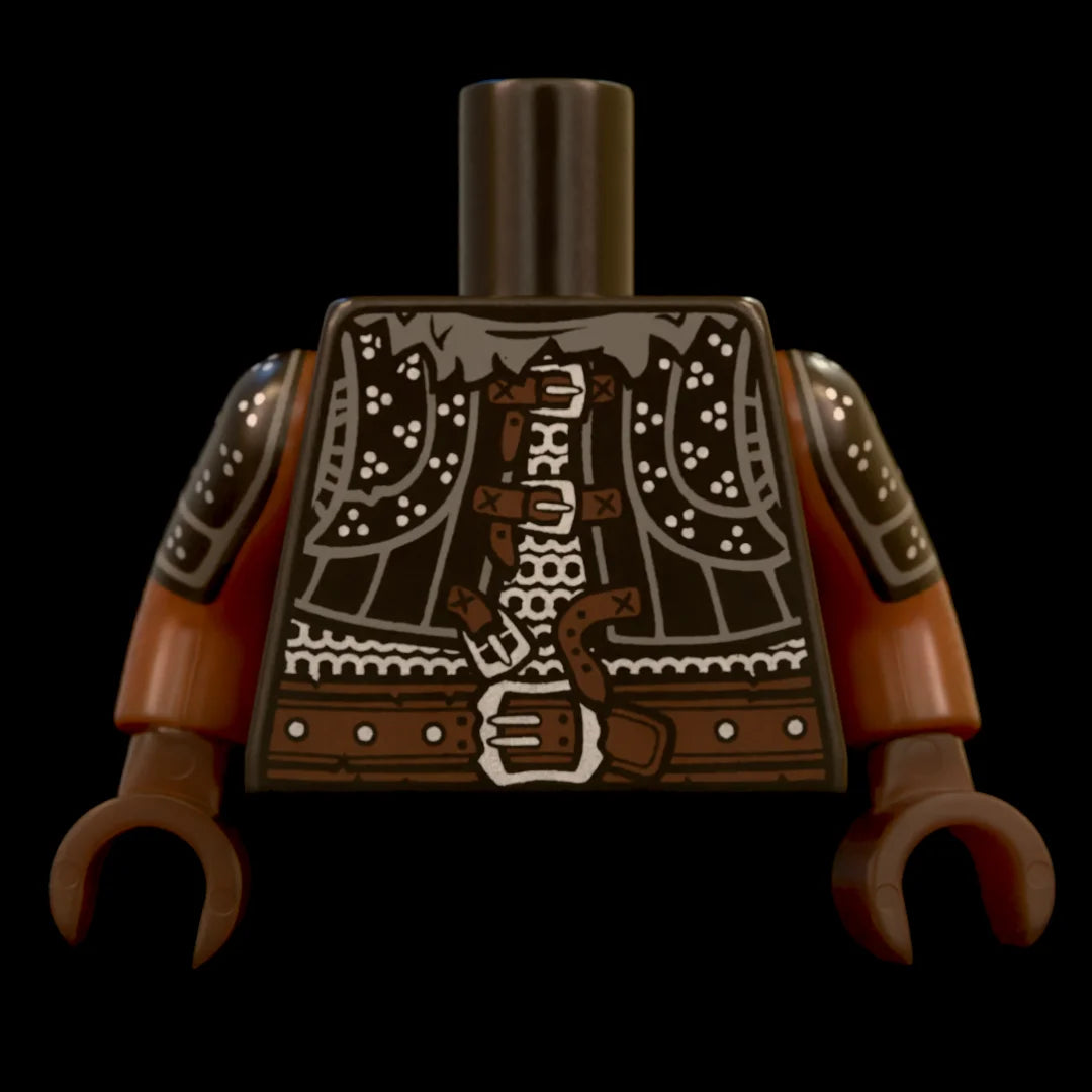 Castle Clad Bricks, custom pad printed Black torso, Wolfpack bandit theme, wolf pelt collar on studded brigandine west and shoulders on chainmail shirt, Reddish Brown sleeves and Dark Brown buckled straps, gloves and heavy belt.