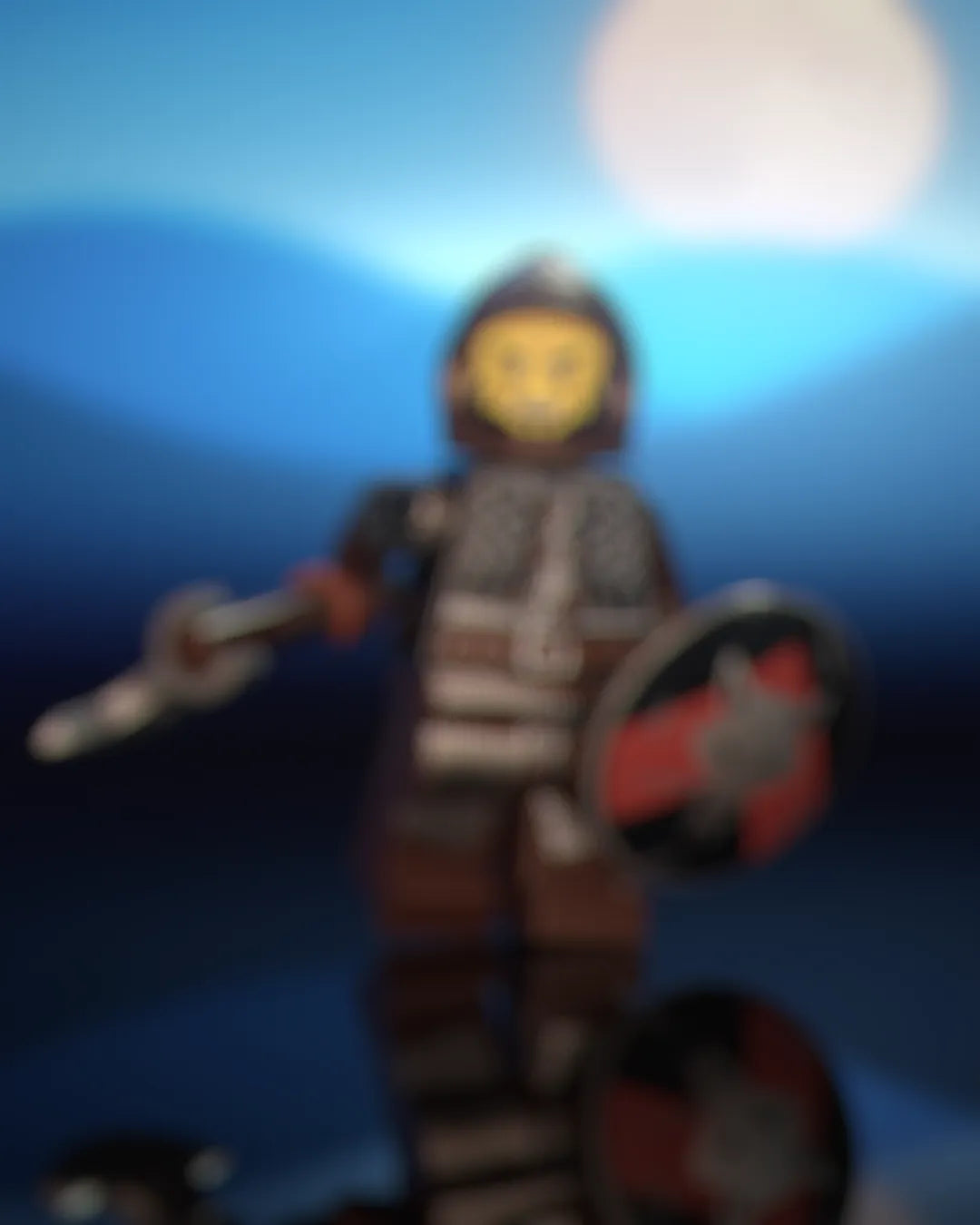 Blurred teaser of Castle Clad Bricks custom pad printed bandit minifigures with accessories, 12 of 12 — armored figures with shields, night scene
