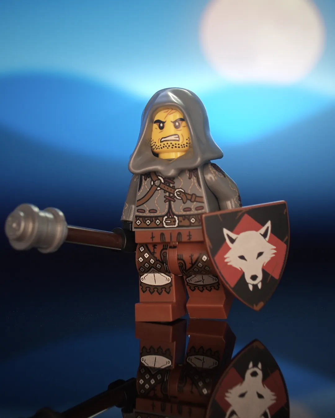 Hero shot of Castle Clad Bricks custom pad printed bandit minifigures with accessories, 1 of 12 — armored figures with shields, night scene