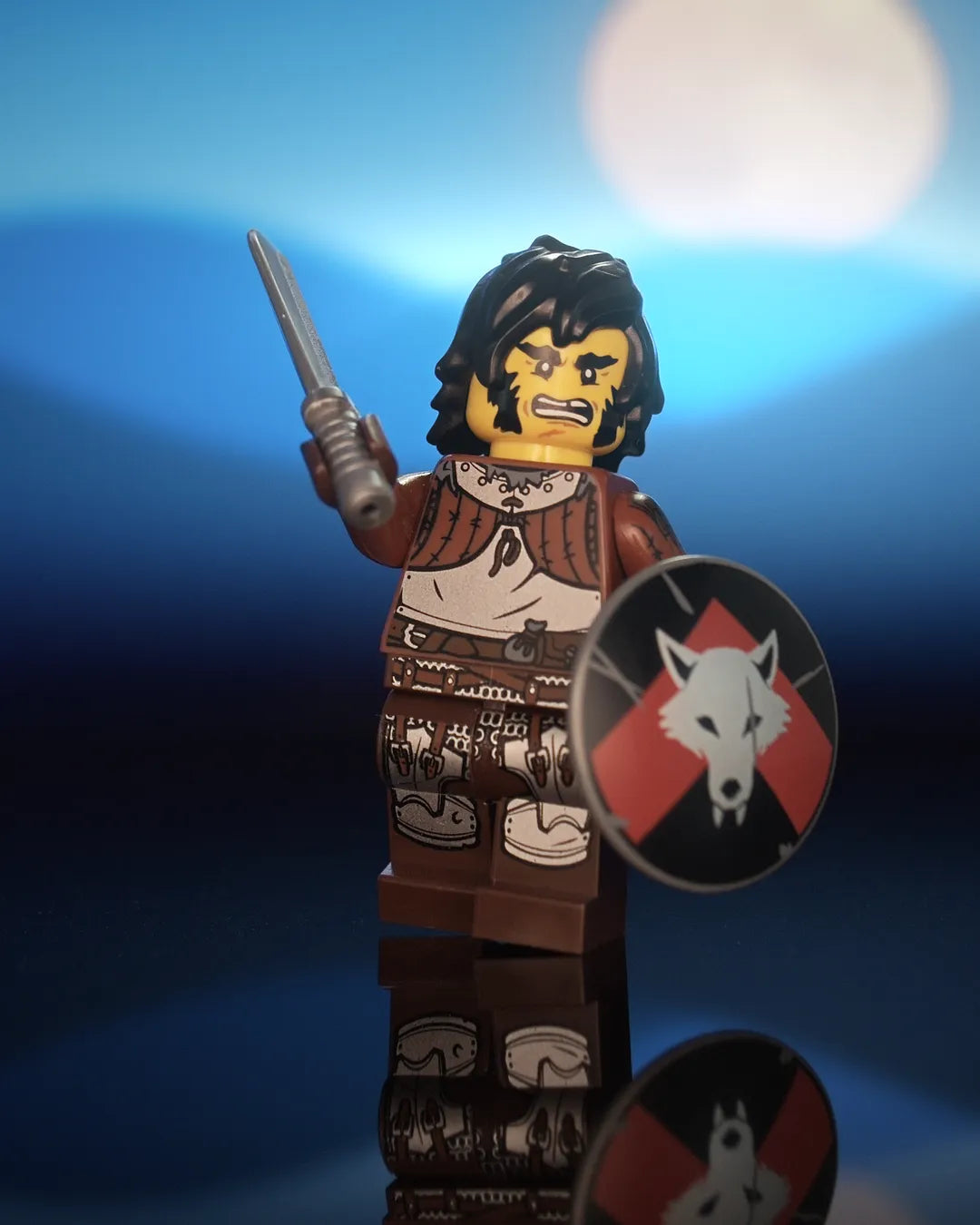Hero shot of Castle Clad Bricks custom pad printed bandit minifigures with accessories, 5 of 12 — armored figures with shields, night scene