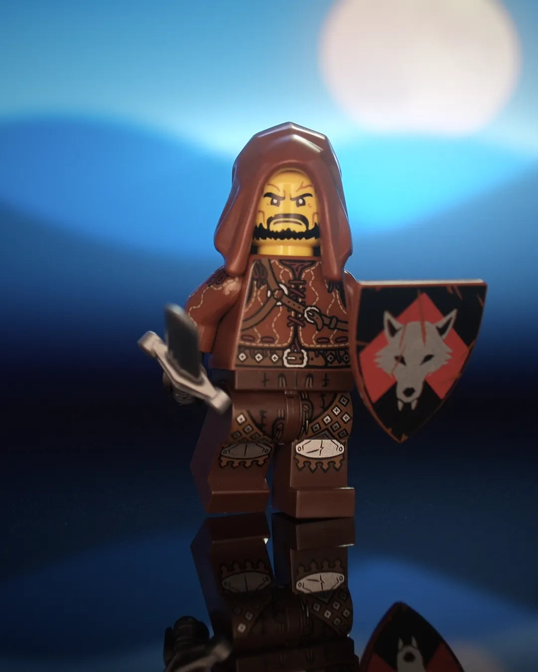 Hero shot of Castle Clad Bricks custom pad printed bandit minifigures with accessories, 6 of 12 — armored figures with shields, night scene