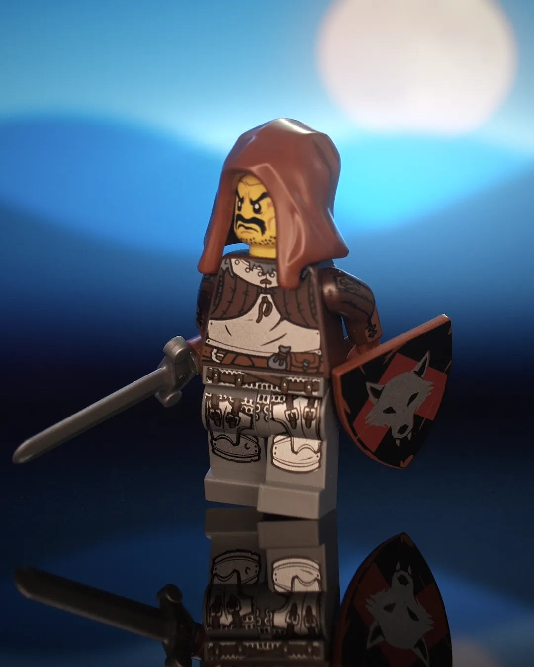 Hero shot of Castle Clad Bricks custom pad printed bandit minifigures with accessories, 9 of 12 — armored figures with shields, night scene