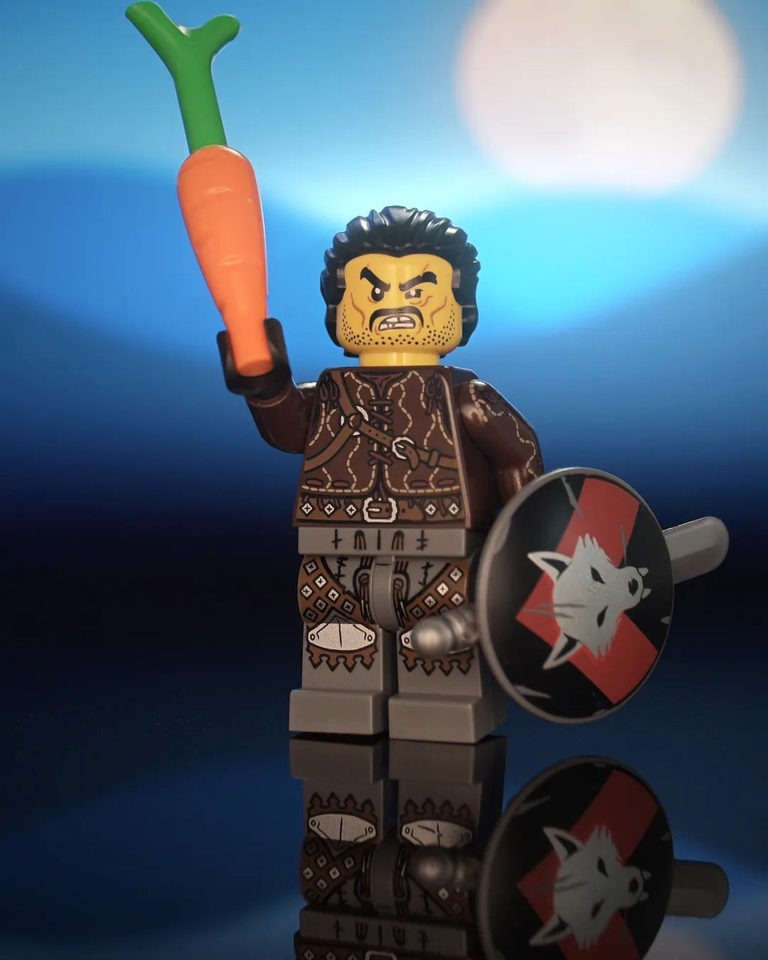 Hero shot of Castle Clad Bricks custom pad printed bandit minifigures with accessories, 11 of 12 — armored figures with shields, night scene