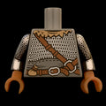 Castle Clad Bricks, custom pad printed torso, Wolfpack bandit theme, [Dark Bluish Grey] with [Dark Tan] fur collar and loot bag, chainmail armor with forearm bracers, wide sash, strap and belt buckles.