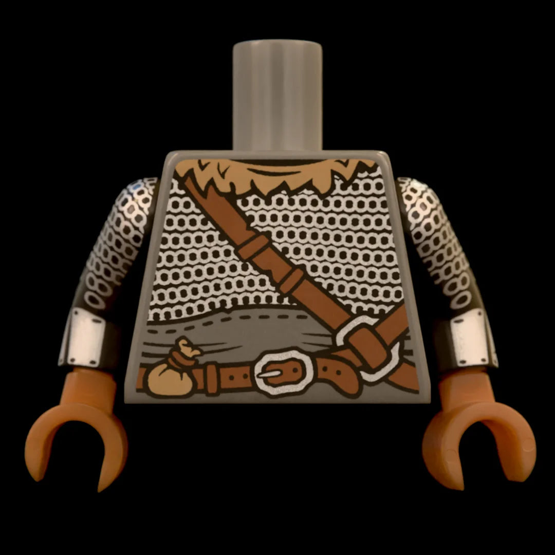 Castle Clad Bricks, custom pad printed torso, Wolfpack bandit theme, [Dark Bluish Grey] with [Dark Tan] fur collar and loot bag, chainmail armor with forearm bracers, wide sash, strap and belt buckles.