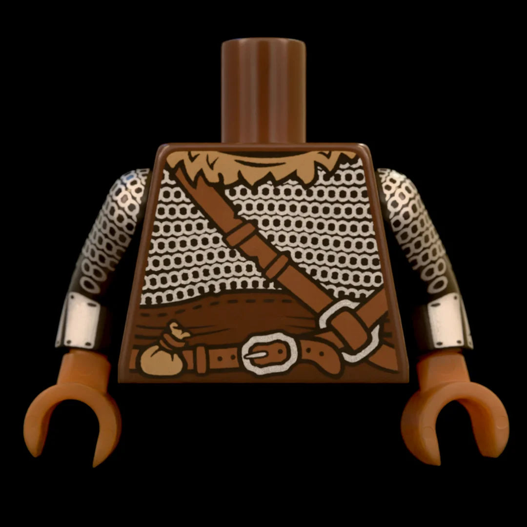 Castle Clad Bricks, custom pad printed torso, Wolfpack bandit theme, [Dark Brown] with [Dark Tan] fur collar and loot bag, chainmail armor with forearm bracers, wide sash, strap and belt buckles.