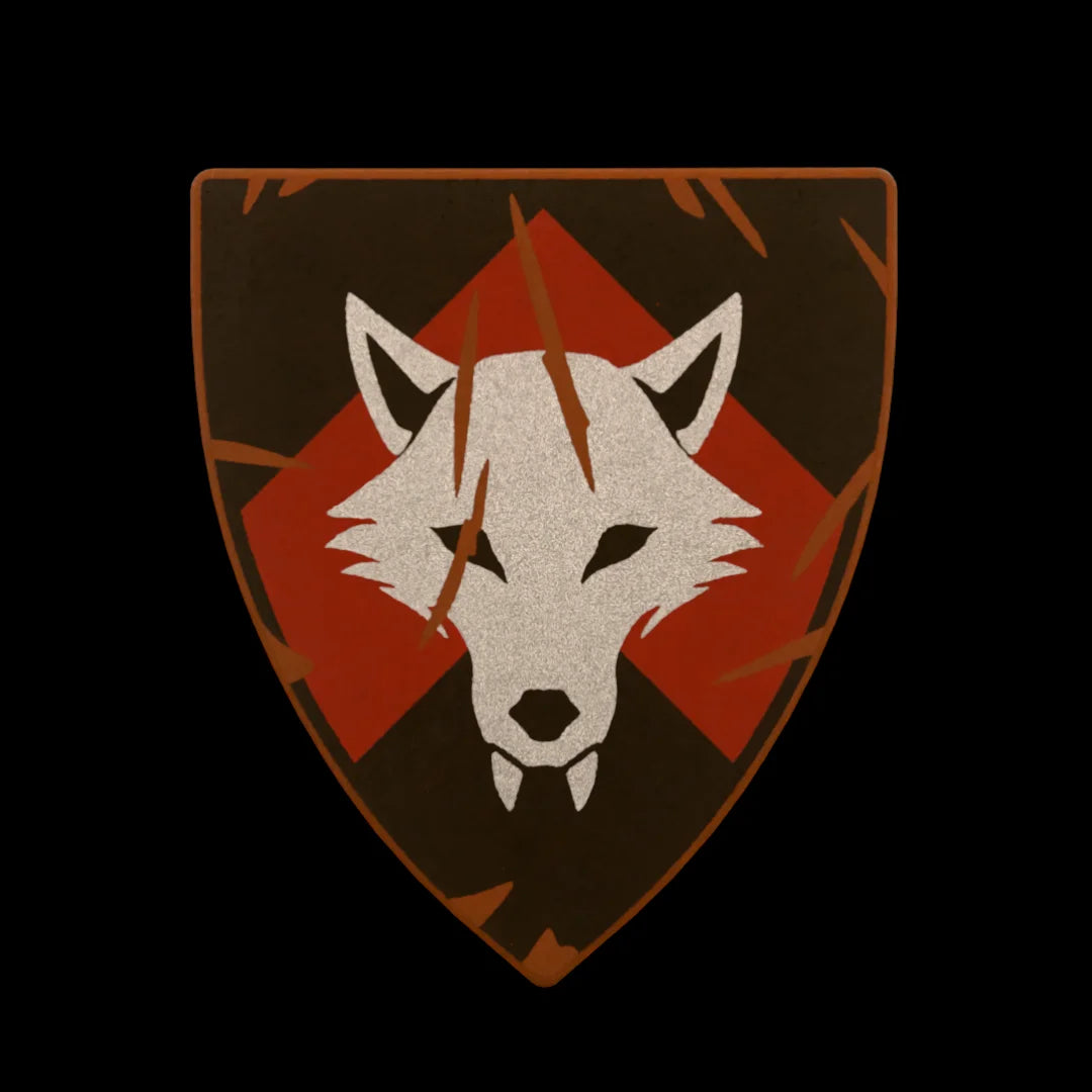 Castle Clad Bricks Reddish Brown heater shield with Metallic Silver wolf head on Dark Red chevron on black backing. Heavy damage edition.