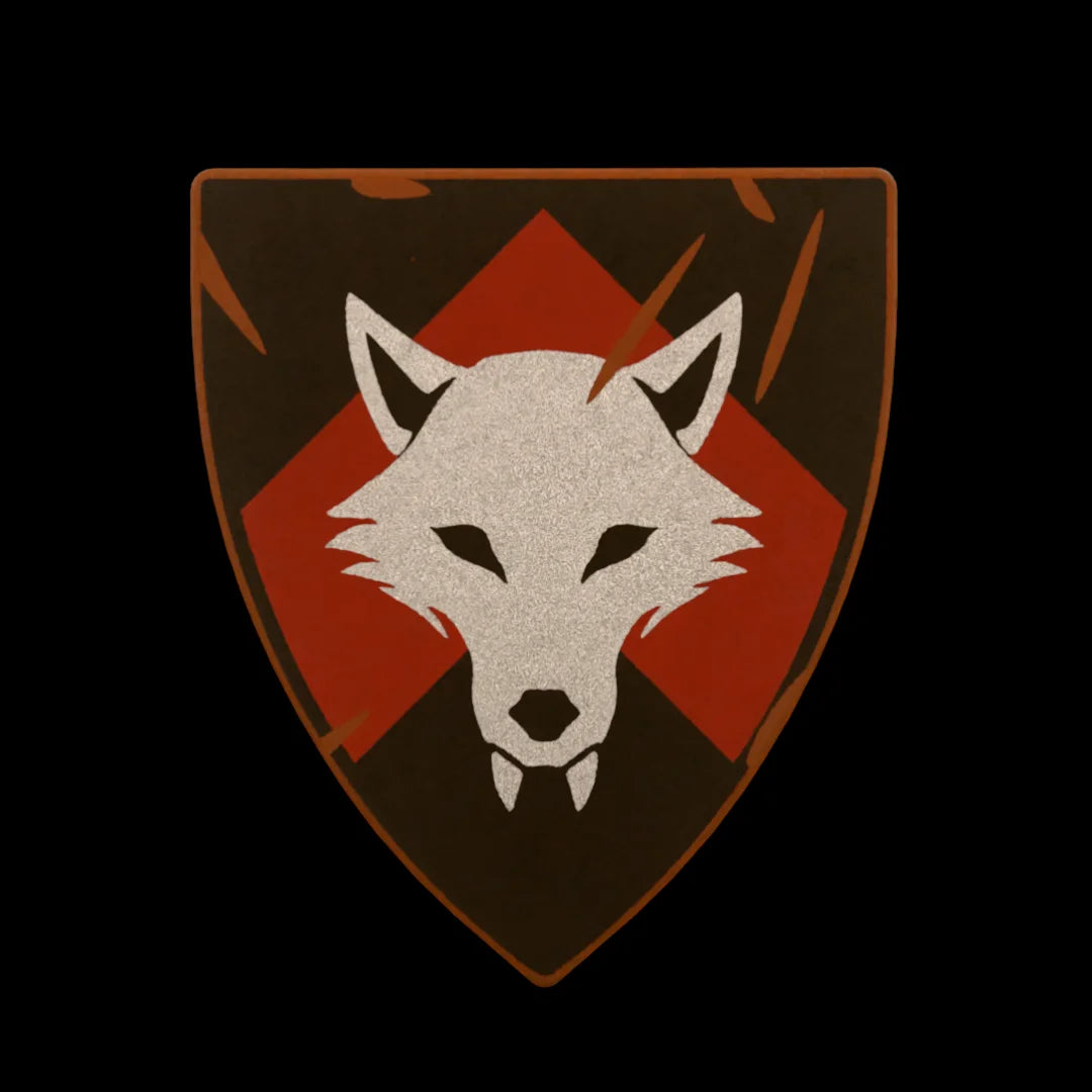 Castle Clad Bricks Reddish Brown heater shield with Metallic Silver wolf head on Dark Red chevron on black backing. Light damage edition.
