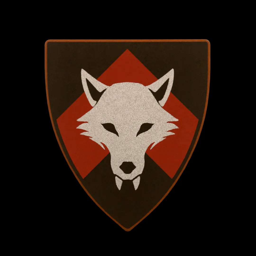 Castle Clad Bricks Reddish Brown heater shield with Metallic Silver wolf head on Dark Red chevron on black backing. Pristine edition.