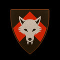 Castle Clad Bricks Reddish Brown heater shield with Metallic Silver wolf head on Red chevron on black backing. Pristine edition.