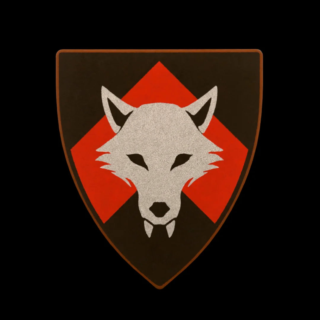 Castle Clad Bricks Reddish Brown heater shield with Metallic Silver wolf head on Red chevron on black backing. Pristine edition.