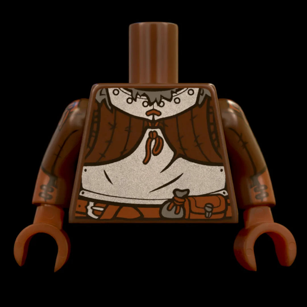 Castle Clad Bricks, custom pad printed torso, Wolfpack bandit theme, Dark Brown with Dark Blueish Grey fur collar and loot bag, half plate and gorget on padded armour, with leather gauntlets and belt with buckle