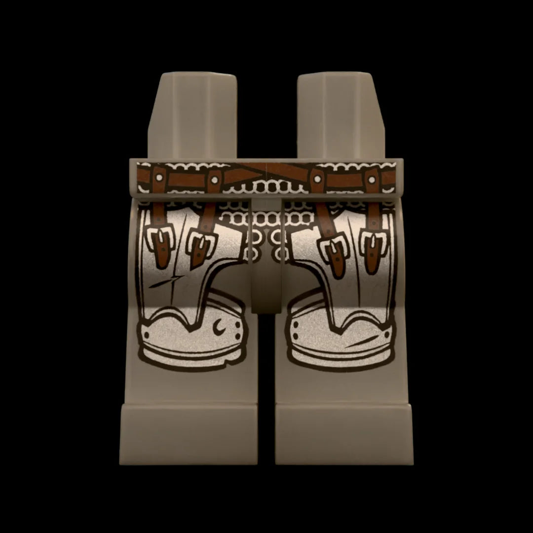 Castle Clad Bricks, custom pad-printed leg, Wolfpack bandit theme, Dark Bluish Grey with short mail skirt, plate tassets on poleyns with Dark Brown leather details.