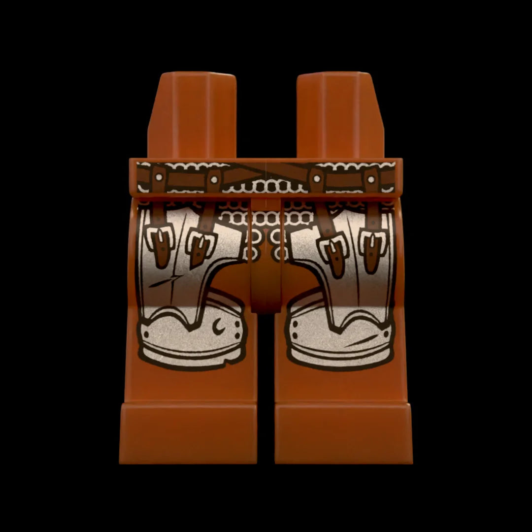 Castle Clad Bricks, custom pad-printed leg, Wolfpack bandit theme, Reddish Brown with short mail skirt, plate tassets on poleyns with Dark Brown leather details.