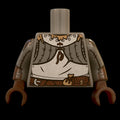 Castle Clad Bricks, custom pad printed torso, Wolfpack bandit theme, Dark Bluish Grey with Dark Tan fur collar and loot bag, half plate and gorget on padded armour, with leather gauntlets and belt with buckle