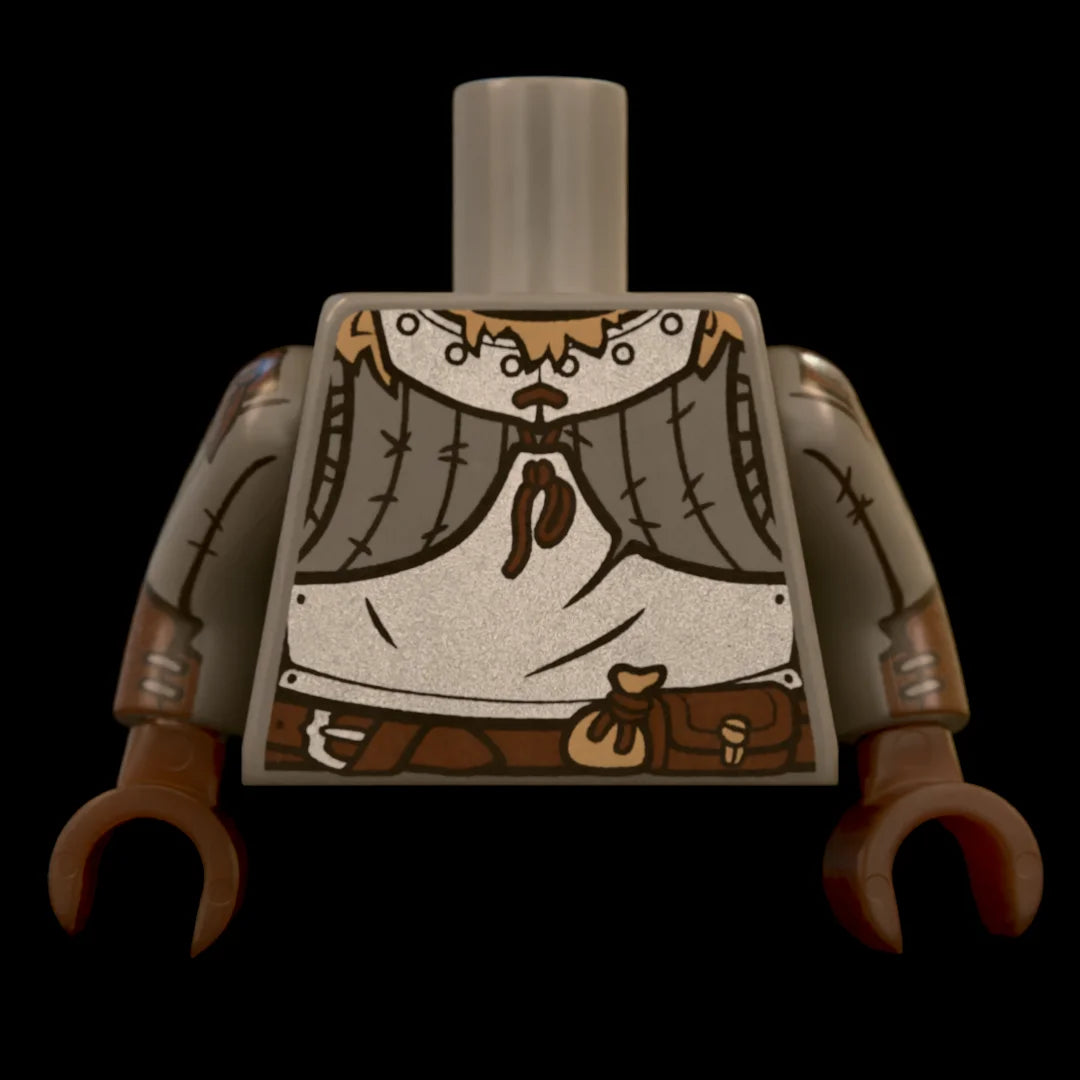 Castle Clad Bricks, custom pad printed torso, Wolfpack bandit theme, Dark Bluish Grey with Dark Tan fur collar and loot bag, half plate and gorget on padded armour, with leather gauntlets and belt with buckle