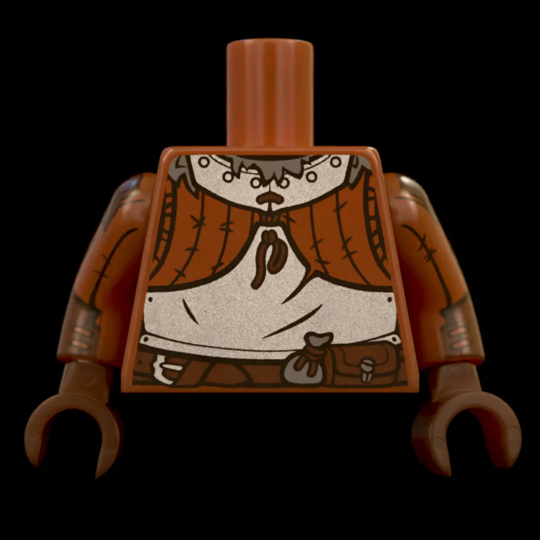Castle Clad Bricks, custom pad printed torso, Wolfpack bandit theme, Reddish Brown with Dark Blueish Grey fur collar and loot bag, half plate and gorget on padded armour, with leather gauntlets and belt with buckle