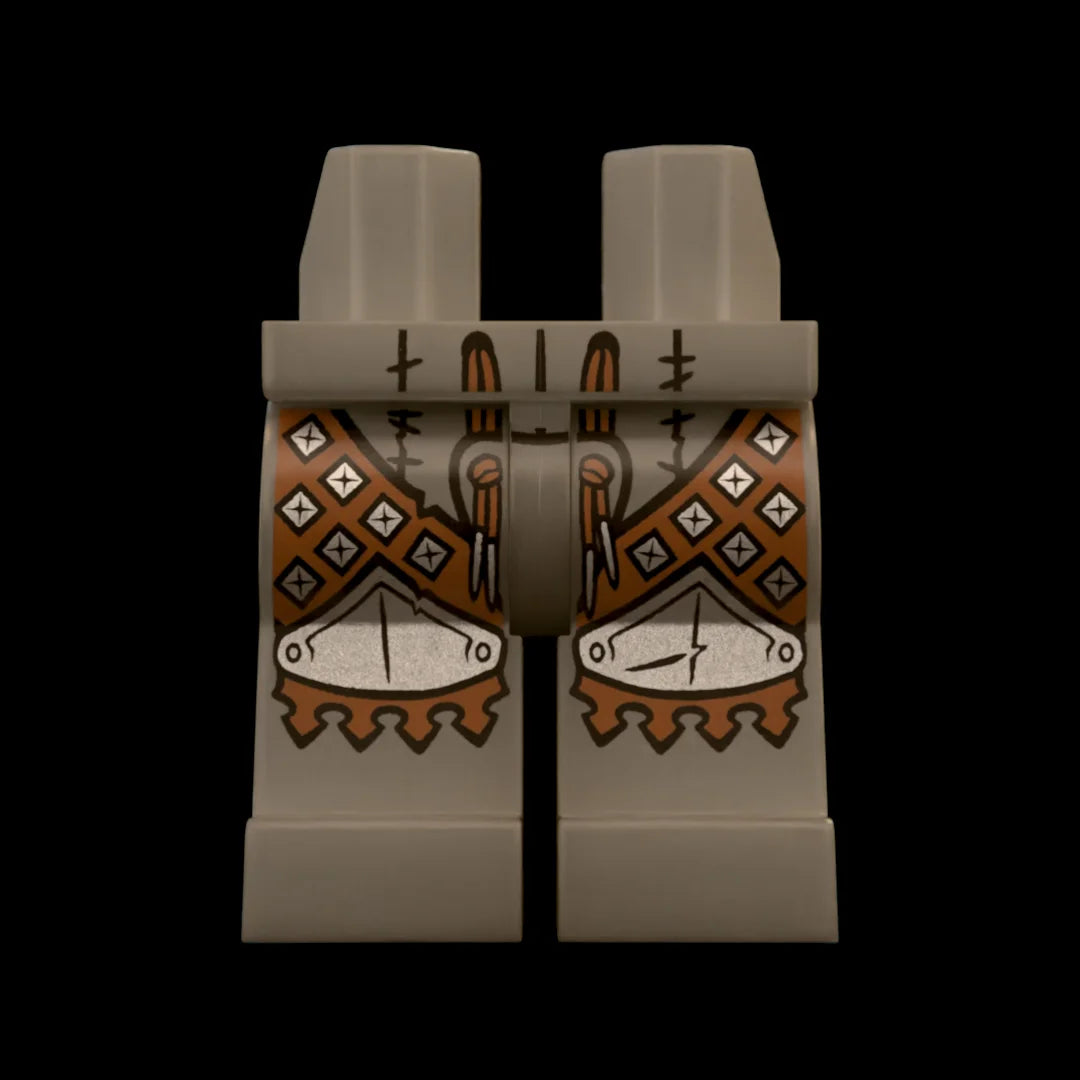 Castle Clad Bricks, custom pad printed legs, Wolfpack bandit theme, Dark Bluish Grey with heavy studded Medium Brown leather cuisse with plate knees with scalloped shins and needle laces codpiece.
