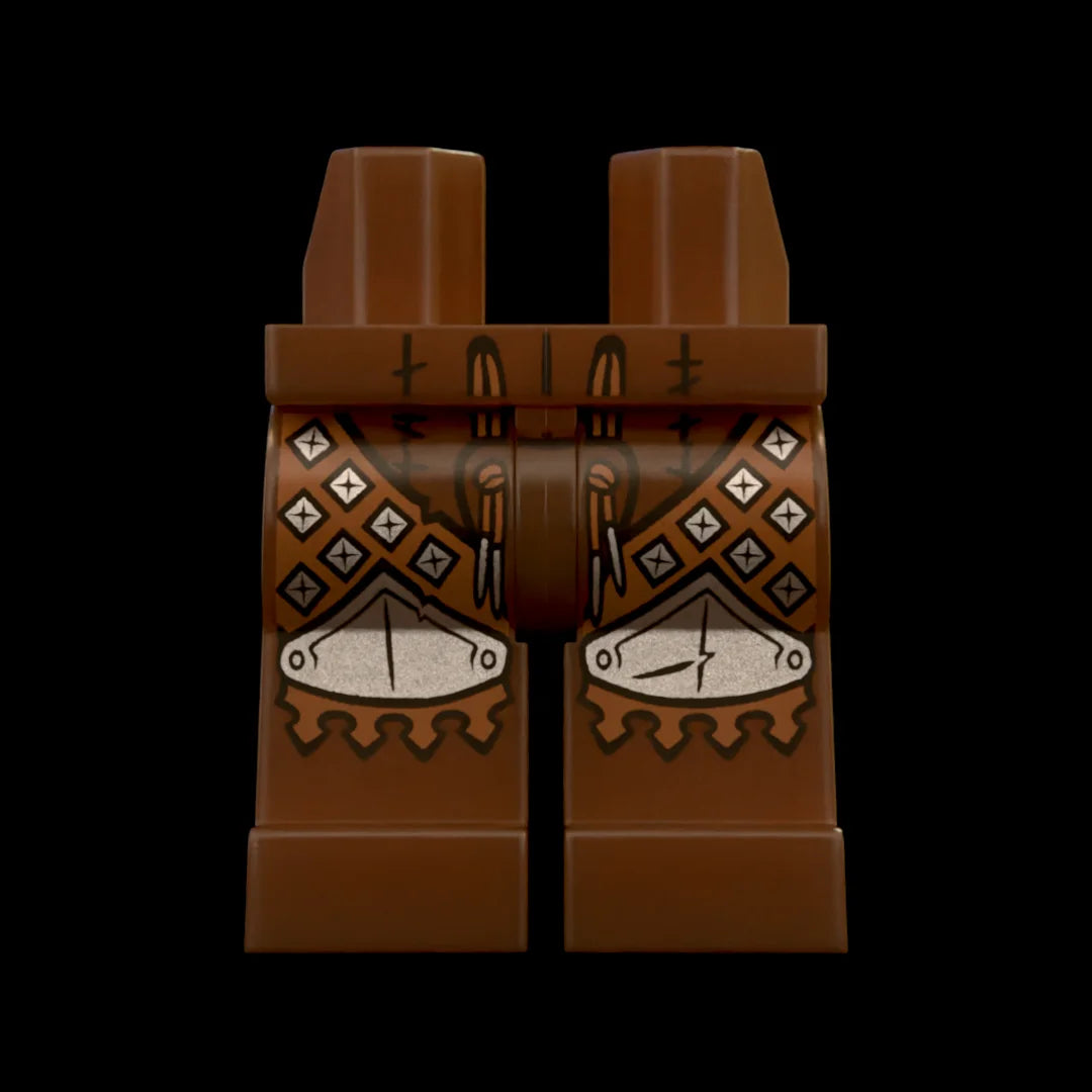 Castle Clad Bricks, custom pad printed legs, Wolfpack bandit theme, Dark Brown with heavy studded Medium Brown leather cuisse with plate knees with scalloped shins and needle laces codpiece.