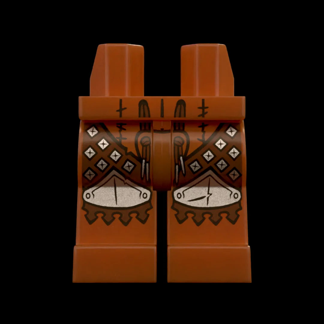 Castle Clad Bricks, custom pad printed legs, Wolfpack bandit theme, Reddish Brown with heavy studded Dark Brown leather cuisse with plate knees with scalloped shins and needle laces codpiece.
