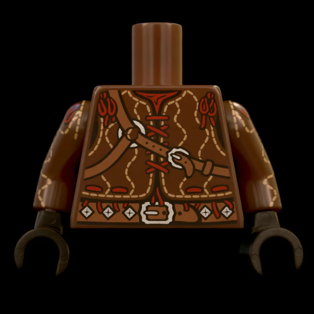 Castle Clad Bricks, custom pad printed torso, Wolfpack bandit theme, Dark Brown long sleeved aketon style padded armor with Dark Red lacing, light wavy stitches, heavy studded belt and straps