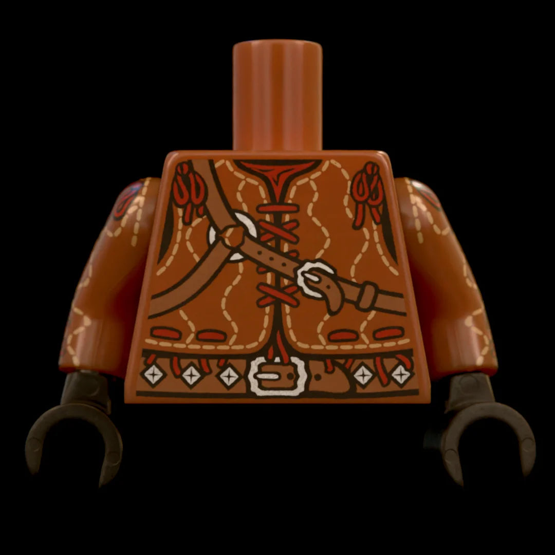 Castle Clad Bricks, custom pad printed torso, Wolfpack bandit theme, Reddish Brown long sleeved aketon style padded armor with Dark Red lacing, light wavy stitches, heavy studded belt and straps